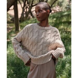 Jenni Kayne Cable Serena Crewneck Oatmeal Knit Sweater Chunky Jumper XS Tan
